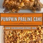 A photo of a slice of pumpkin praline cake collaged with a photo of a casserole dish full of pumpkin praline cake around a decorative text box reading "Pumpkin Praline Cake Seasonedsprinkles.com"