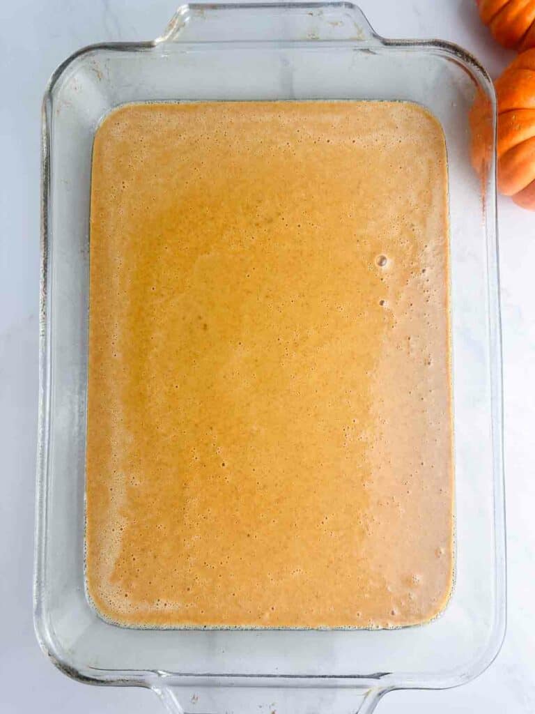 Pour the pumpkin custard layer into a greased 9x13" baking dish