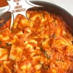 a photo of a skillet of ravioli with sauce set into a decorative text box that reads "ravioli with sauce ready in under 30 minutes seasonedsprinkles.com"