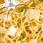 Spaghetti Aglio e Olio with basil and parmesan cheese. Text reads: spaghetti aglio e olio, ready in under 20 minutes, www.seasonedsprinkles.com