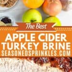 Ingredients for apple cider turkey brine, including apples, oranges, brown sugar, salt, onions, herbs, spices, and apple cider. Text reads: the best apple cider turkey brine, seasonedsprinkles.com.