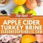 Apple cider turkey brine ingredients and the brine itself. Text reads: the best apple cider turkey brine, seasonedsprinkles.com.