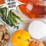 Ingredients for apple cider turkey brine, including apples, oranges, brown sugar, salt, onions, herbs, spices, and apple cider. Text reads: apple cider turkey brine, perfect holiday recipe, www.seasonedsprinkles.com.