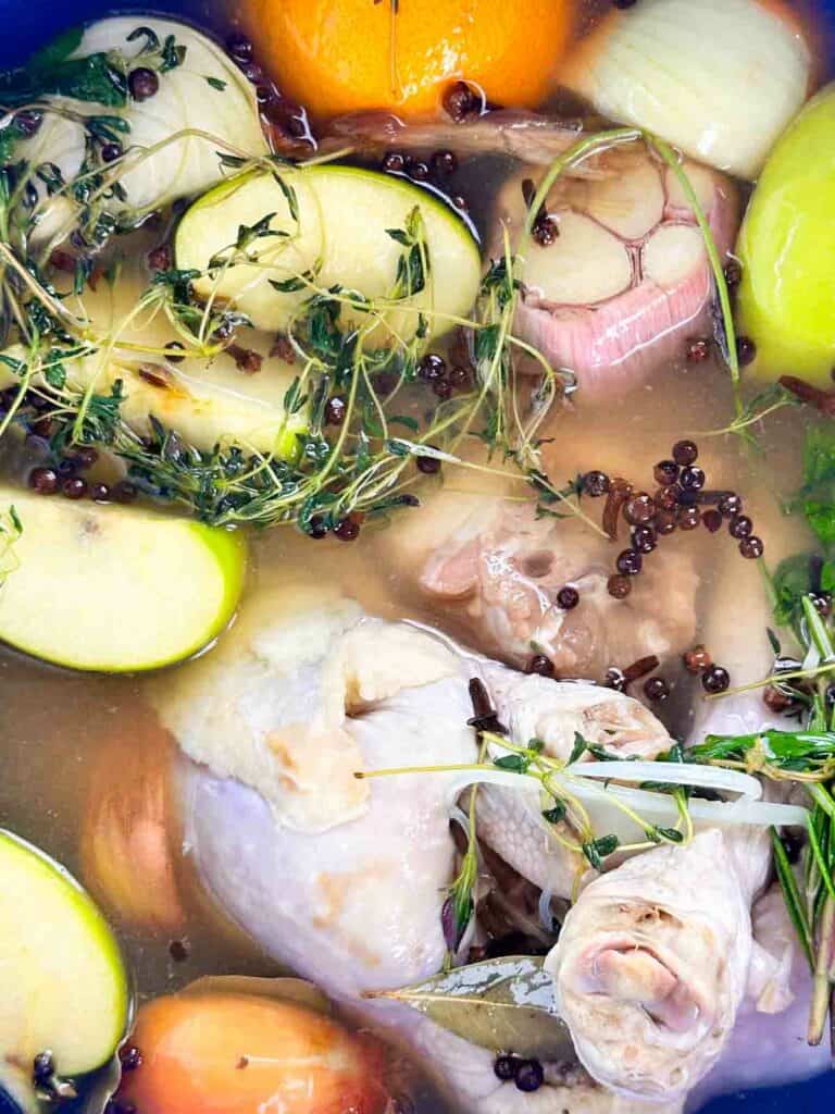 Apple cider turkey brine with onions, apples, oranges, and the turkey itself along with spices and herbs.