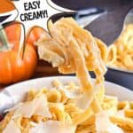 Pumpkin pasta being served and spun on a fork. Text reads: pumpkin pasta, easy creamy, www.seasonedsprinkles.com