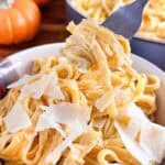 Getting a fork full of pumpkin pasta.