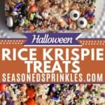 Halloween Rice Krispie treats. Text reads: halloween rice krispie treats, seasonedsprinkles.com