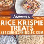 Halloween Rice Krispie treats. Text reads: halloween rice krispie treats, seasonedsprinkles.com
