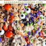 Halloween Rice Krispie treats. Text reads: halloween rice krispie treats, www.seasonedsprinkles.com