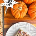 Halloween Rice Krispie treats on a plate with small pumpkins next to them. Text reads: halloween rice krispie treats, super easy, www.seasedsprinkles.com.