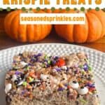 Halloween Rice Krispie treats. Text reads: halloween rice krispie treats, seasonedsprinkles.com