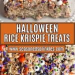 Halloween Rice Krispie treats. Text reads: halloween rice krispie treats, www.seasonedsprinkles.com