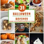 a collage of 9 photos of Halloween party recipes around text that reads the best halloween recipes seasonedsprinkles.com