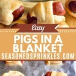 Dipping a pig in a blanket into mustard. Text reads: easy pigs in a blanket, seasonedsprinkles.com.