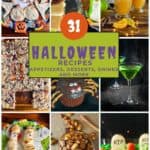 a collage of 9 photos of Halloween party recipes around text that reads the best halloween recipes seasonedsprinkles.com