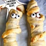 a photo of mummy hot dogs collaged around a decorative text box reading 3 ingredient Halloween Mummy Hot Dogs seasonedsprinkles.com