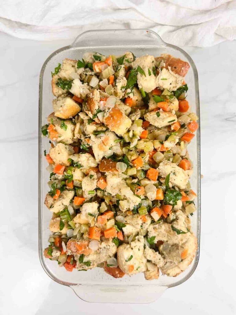 Sourdough stuffing getting prepared to bake.