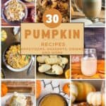 a collage of 9 photos of different pumpkin recipes around a decorative text box reading "30 pumpkin recipes www.seasonedsprinkles.com"