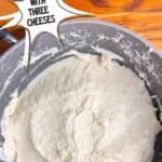 Cheesy mashed potatoes in a pot. Text reads: cheesy mashed potatoes with three cheeses, seasonedsprinkles.com.