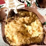 Chocolate peanut butter ball with a bite taken out. Text reads: chocolate peanut butter balls, easy candy recipe, www.seasonedsprinkles.com