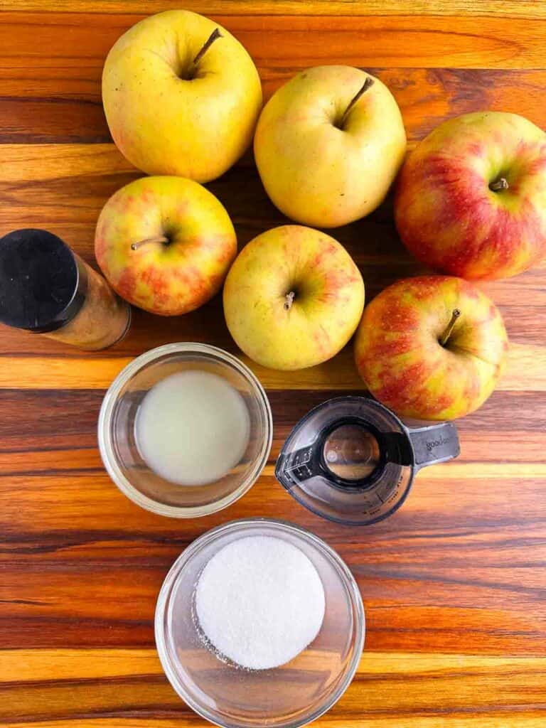 Ingredients for Homemade Applesauce Recipe: Apples, Sugar, Water, Lemon Juice, and Apple Pie Spice or Cinnamon