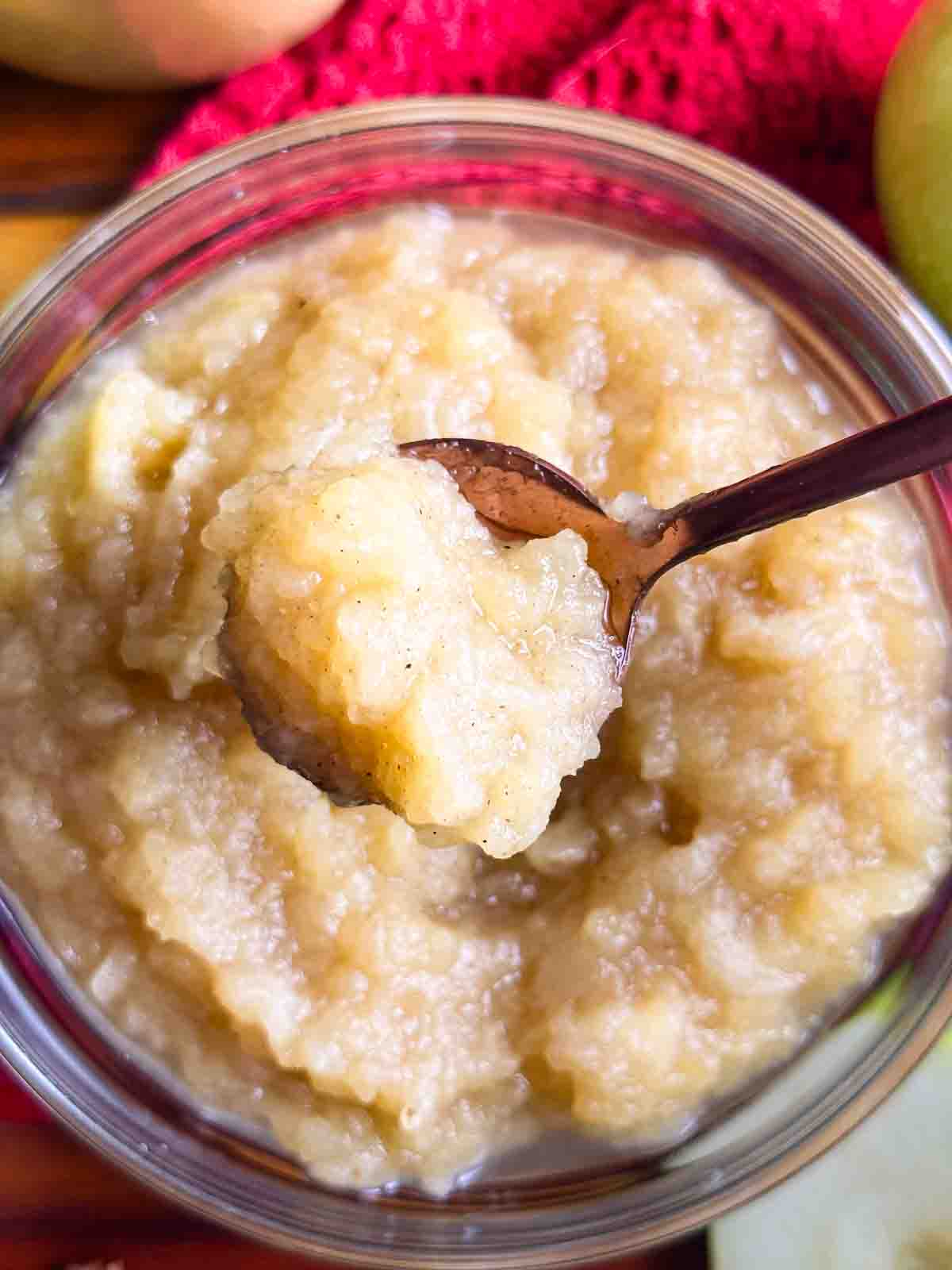 A spoon of homemade applesauce