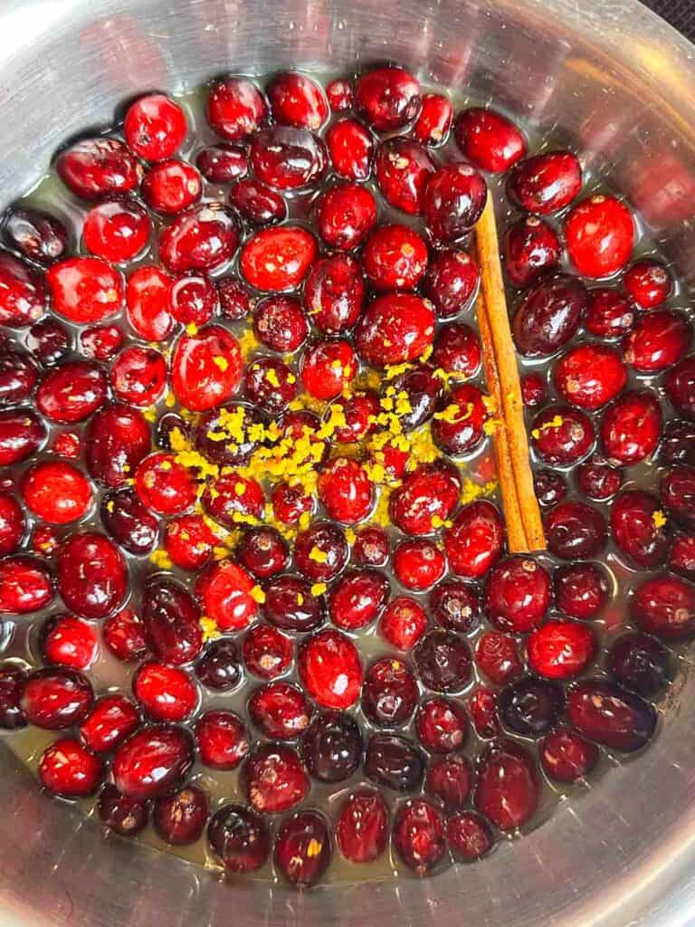 Cranberries, sugar, orange juice, cinnamon sticks, and orange zest added to a pot.