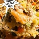 Sausage stuffing. Text reads: sausage stuffing, holiday side dish idea! www.seasonedsprinkles.com.