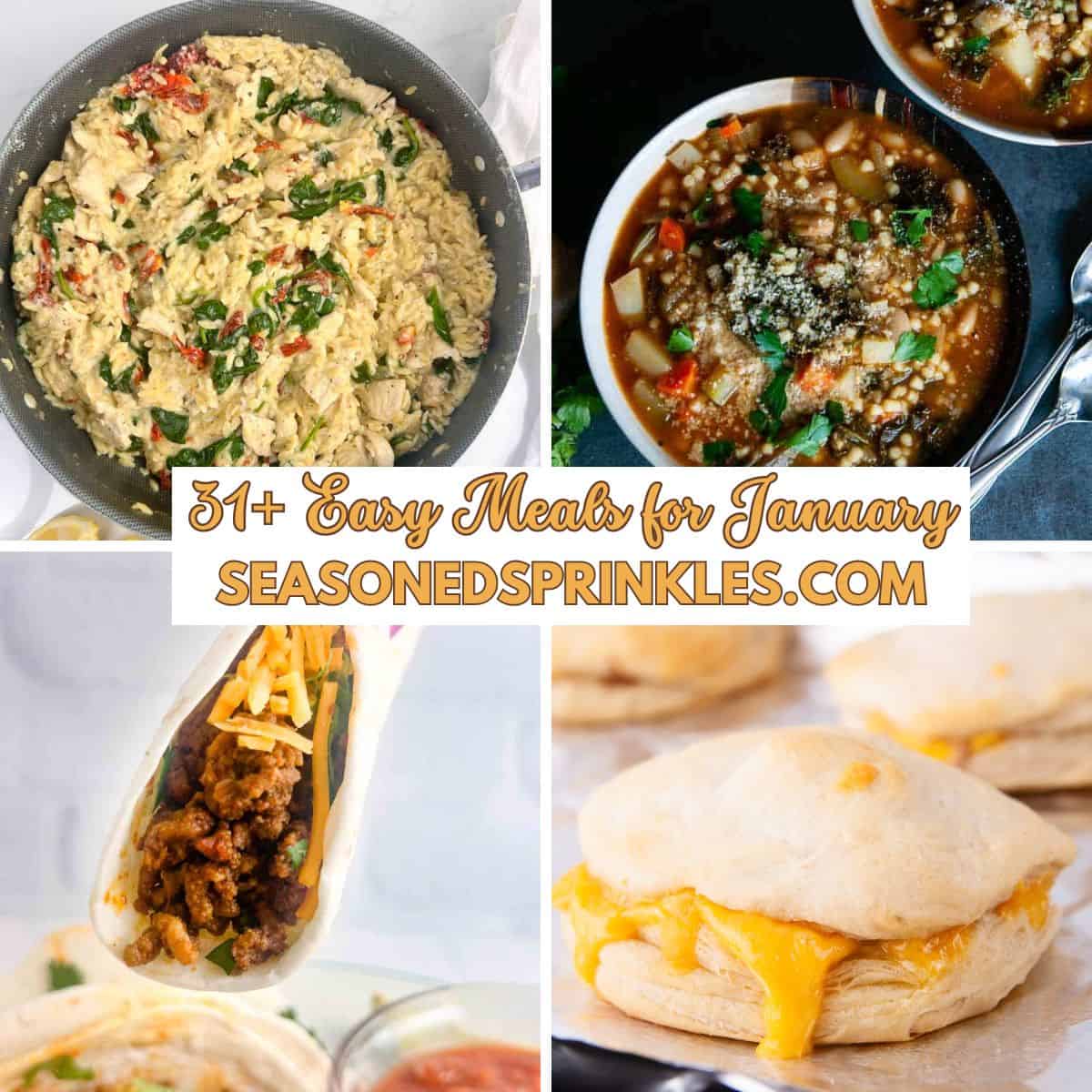 A collage of 4 photos: 1 of creamy chicken orzo, one of minestrone soup, 1 of chicken tacos, and one of ham and cheese stuffed biscuits around a text box that reads 31+ easy easy meals for January