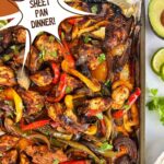 Sheet Pan Chicken fajita recipe. Text reads: chicken fajitas, sheet pan dinner, www.seasonedsprinkles.com