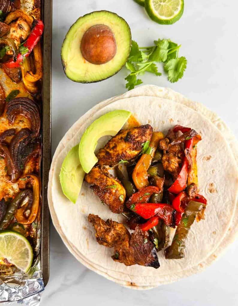 Baked chicken fajita with avacado.