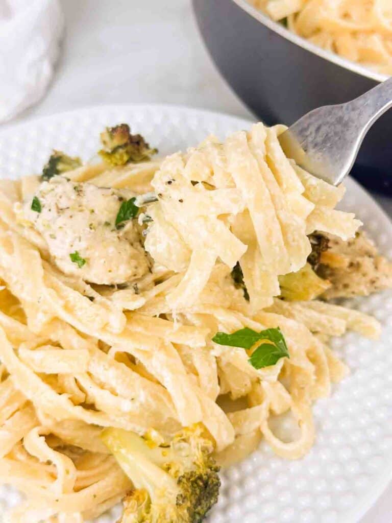 Finished shot of chicken and broccoli fettuccine alfredo.