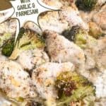 A photo of Sheet Pan chicken and broccoli collaged together with a decorative text box reading sheet pan chicken and broccoli with garlic and parmesan www.seasonedsprinkles.com