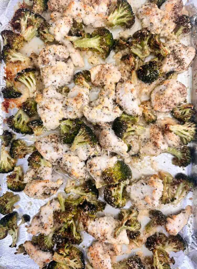 A tray of Sheet Pan Chicken and Broccoli
