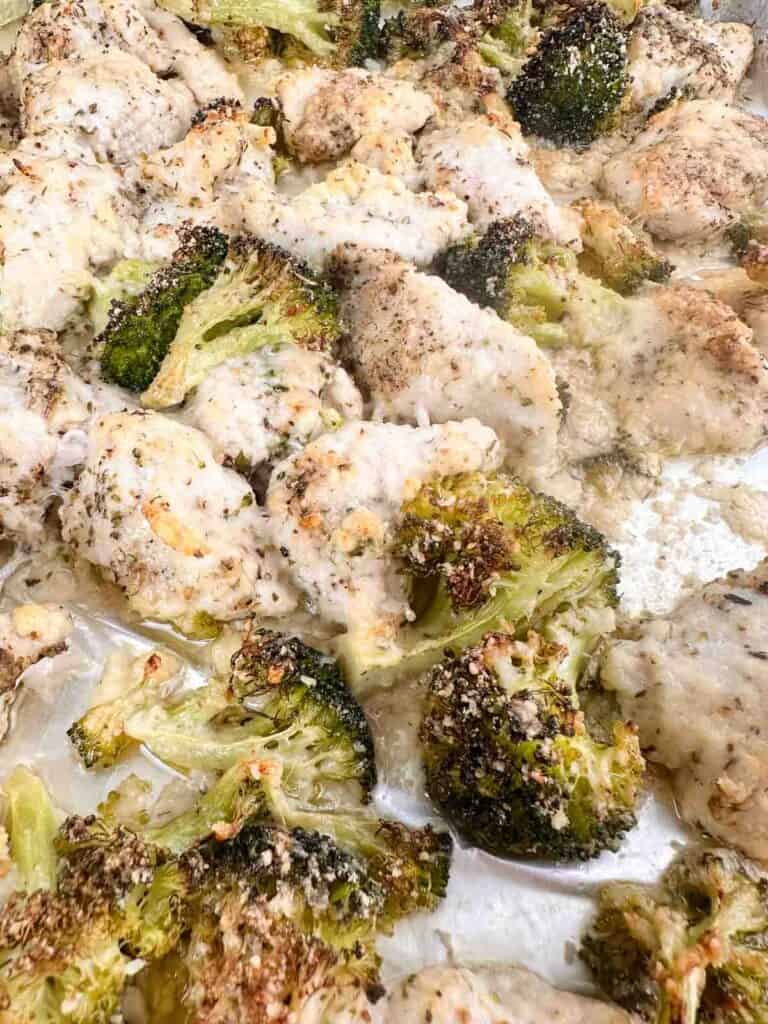 A close up of Sheet Pan Chicken and Broccoli