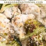 A photo of Sheet Pan chicken and broccoli collaged together with a decorative text box reading sheet pan chicken and broccoli www.seasonedsprinkles.com