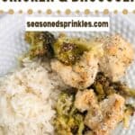 A photo of Sheet Pan chicken and broccoli collaged together with a decorative text box reading sheet pan chicken and broccoli www.seasonedsprinkles.com