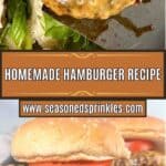 2 photos of homemade cheeseburgers collaged together around a decorative text box that reads "homemade hamburger recipe seasonedsprinkles.com"