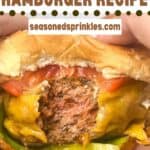 a photo of homemade cheeseburgers collaged together around a decorative text box that reads "homemade hamburger recipe seasonedsprinkles.com"