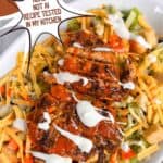 Easy buffalo chicken salad, text reads: buffalo chicken salad real not ai recipe tested in my kitchen, www.seasonedsprinkles.com
