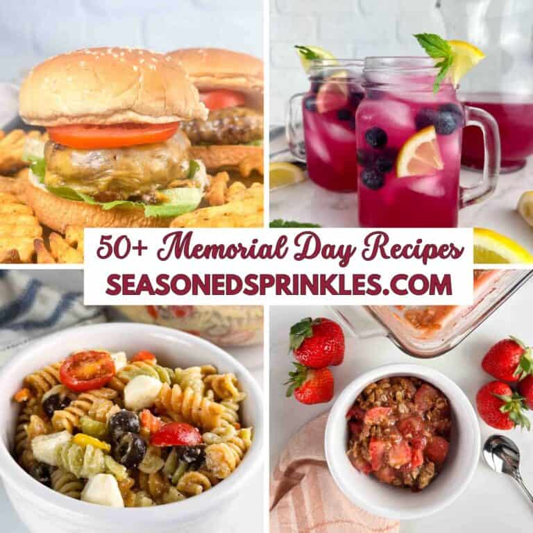A COLLAGE OF 4 PHOTOS: A BURGER, BLUEBERRY LEMONADE, PASTA SALAD, AND STRWABERRY CRUMBLE AROUND TEXT THAT SAYS 50+ MEMORIAL DAY WEEKEND RECIPES