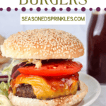 BBQ burger served on a white plate. Text reads: barbecue burgers, seasonedsprinkles.com